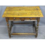 ANTIQUE OAK HALL TABLE, peg joined with well coloured rectangular top over a single elm and oak