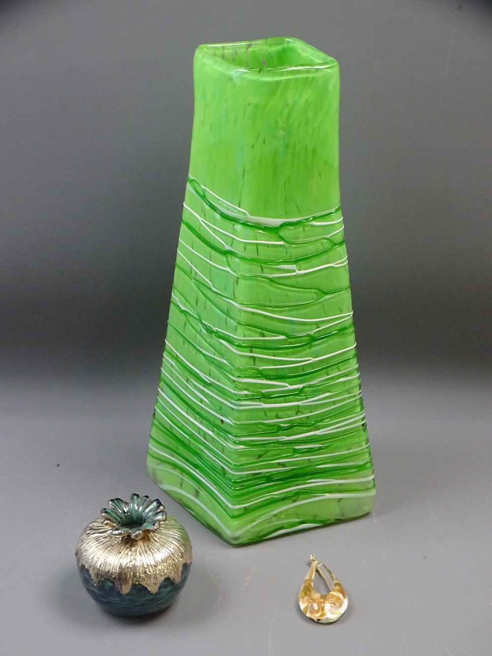 TALL GREEN VINTAGE ANGULAR GLASS VASE, small similar overlaid vase and a Murano glass pendant, 35cms