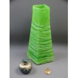 TALL GREEN VINTAGE ANGULAR GLASS VASE, small similar overlaid vase and a Murano glass pendant, 35cms