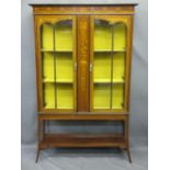 CIRCA 1900 INLAID MAHOGANY DISPLAY CABINET having a stepped cornice over a ribbon and floral swag