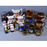 GAUDY WELSH - three shaped jugs, an assortment of copper lustre and four Royal Doulton figures: