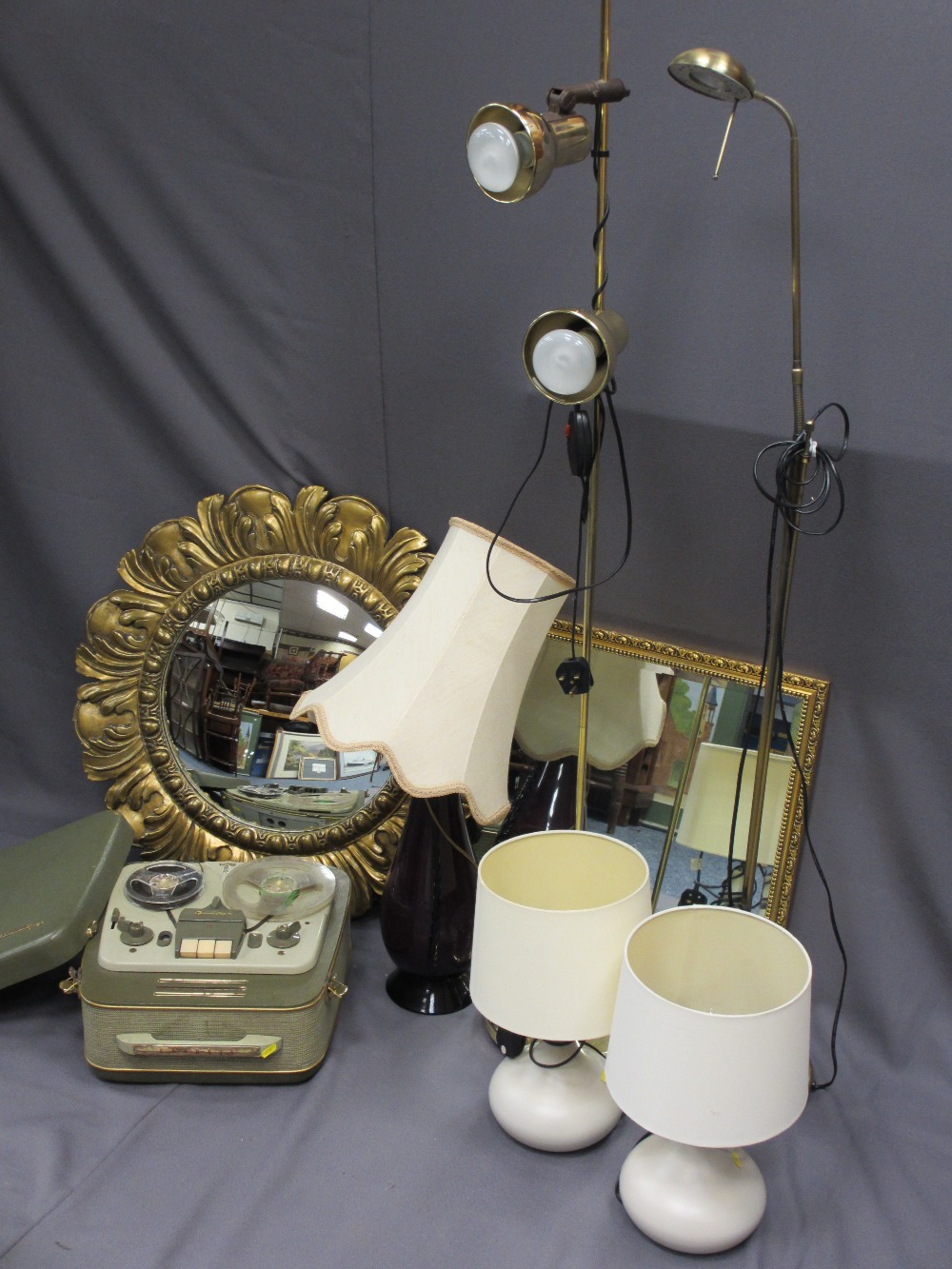 MIXED HOUSEHOLD GOODS BUNDLE to include two gilt framed wall mirrors, two brass standard type lamps,