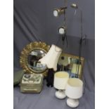 MIXED HOUSEHOLD GOODS BUNDLE to include two gilt framed wall mirrors, two brass standard type lamps,