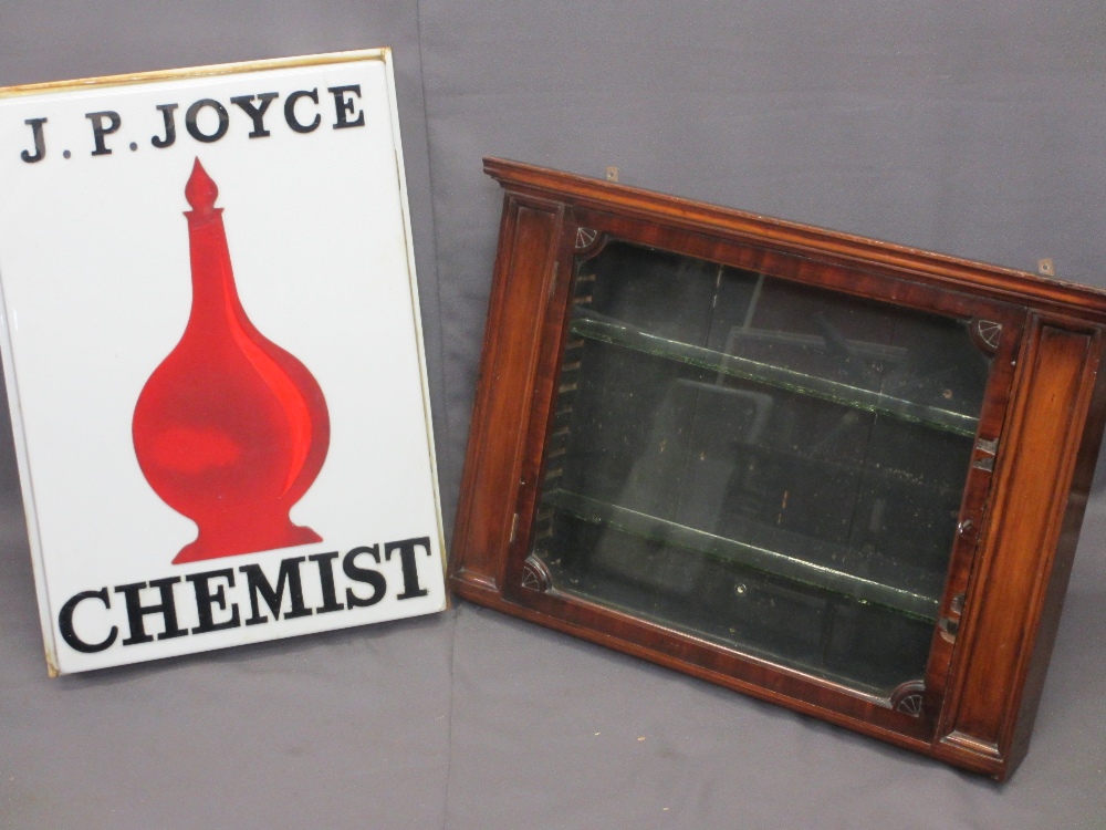 J P JOYCE CHEMIST SIGN and an Edwardian mahogany chemist's wall cabinet with single glazed door