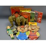 HERMANN TOYS ELEPHANTS, a pair, two inflatable 'Pinky & Perky Pigs', a vintage doll, Janet & John