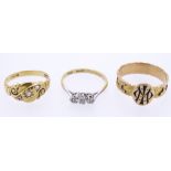 THREE VICTORIAN & LATER 18CT GOLD RINGS to include a three stone diamond ring stamped '18ct plat'