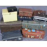 VINTAGE LUGGAGE, TEN ITEMS including a dome top iron and wooden banded trunk, 59cms H, 72.5cms W,