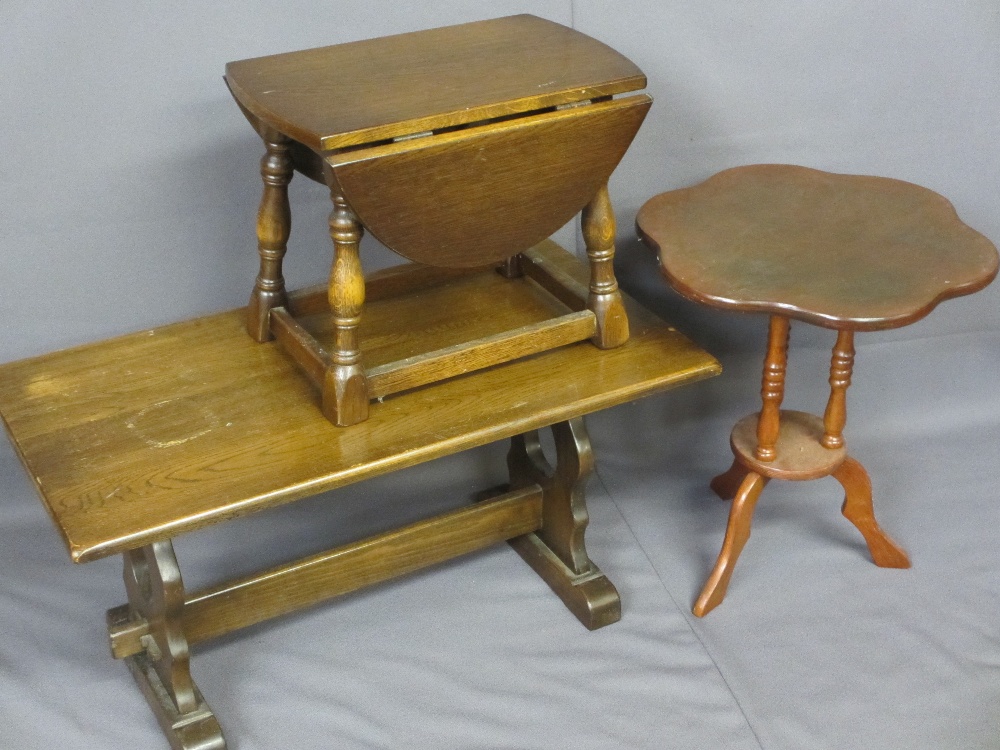 THREE REPRODUCTION OCCASIONAL TABLES including a refectory style rectangular top coffee table, 90cms