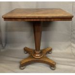 VICTORIAN MAHOGANY SIDE TABLE having a rectangular top on a segmented column and quatrefoil foot