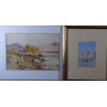 J BRADY watercolour - cattle watering with young girl, 27 x 40cms and an UNSIGNED watercolour of a