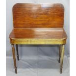 ANTIQUE MAHOGANY FOLDOVER TEA TABLE on turned tapering supports, 73cms H, 91cms W, 44.5cms D