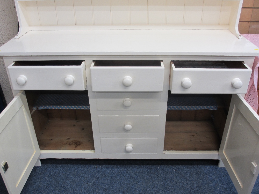 LATE VICTORIAN PAINTED PINE DRESSER having a three shelf rack over a T arrangement of three frieze - Image 2 of 2