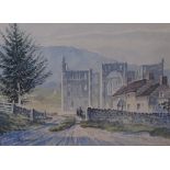 TONY DENISON (Yorkshire) watercolour - Abbey ruins with figures, 14 x 19cms