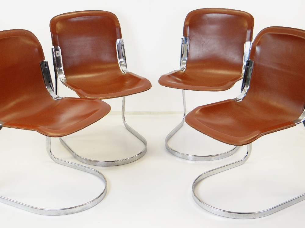 SET OF FOUR ITALIAN LEATHER & STEEL CHAIRS, ATTRIBUTED TO WILLY RIZZO FOR CIDUE, model 'C2', brown