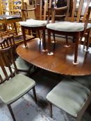 G-PLAN MAHOGANY EXTENDING OVAL DINING TABLE & EIGHT DINING CHAIRS, all with red G-Plan labels,