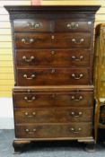 GEORGE III MAHOGANY TALLBOY CHEST, dentil cornice with blind fret frieze and canted corners,