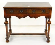 REPRODUCTION WILLIAM & MARY-STYLE WALNUT SIDE TABLE, crossbanded moulded top above pair of frieze