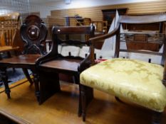 THREE ANTIQUE CHAIRS including Regency ebony strung armchair, Victorian walnut hall chair and a