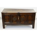 CHARLES II JOINED OAK COFFER, NORTH LANCASHIRE, DATED 1673, boarded lid with reeded edge, four-
