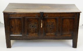 CHARLES II JOINED OAK COFFER, NORTH LANCASHIRE, DATED 1673, boarded lid with reeded edge, four-