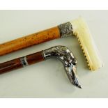 TWO GENTLEMEN'S WALKING CANES, comprising a Victorian malacca cane with ivory handle and embossed