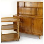 ERCOL OCCASIONAL FURNITURE comprising pale oak sideboard, tea trolley 71cms wide and wall shelf