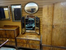 1930s WALNUT BEDROOM SUITE comprising dressing table with mirror, wardrobe and cabinet (3)