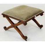 19TH CENTURY MAHOGANY X-FRAME DRESSING STOOL with turned terminals, baluster stretcher and