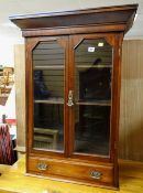 ANTIQUE MAHOGANY DWARF CABINET with angled cornice and under drawer, 69 x 95cms