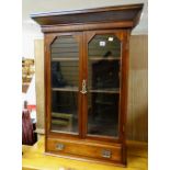 ANTIQUE MAHOGANY DWARF CABINET with angled cornice and under drawer, 69 x 95cms