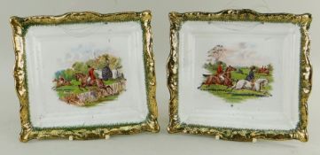 PAIR OF VICTORIAN STAFFORDSHIRE 'HUNTING' WALL PLAQUES, centres colour-printed with mounted huntsmen