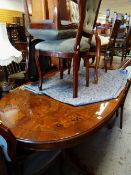 ITALIAN WALNUT MARQUETRY OVAL DINING TABLE AND SET SIX BUTTON UPHOLSTERD DINING CHAIRS, table 199cms