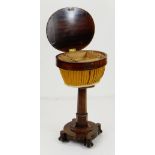 EARLY VICTORIAN ROSEWOOD WORK TABLE, oval top with fitted interior and later pleated bag,