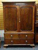 19TH CENTURY MAHOGANY LINEN PRESS, dentil cornice and panelled doors above a base fitted three