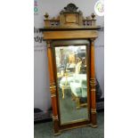 19TH CENTURY WALNUT NARROW OVERMANTEL MIRROR, architectural pediment turned column uprights, 160 x