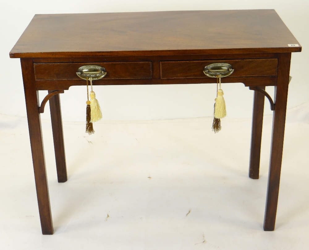 EARLY 19TH CENTURY MAHOGANY SIDE TABLE, fitted two frieze drawers with chequer-strung borders,