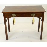 EARLY 19TH CENTURY MAHOGANY SIDE TABLE, fitted two frieze drawers with chequer-strung borders,