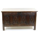 LATE 17TH CENTURY JOINED OAK COFFER, boarded top with reed edge above arcaded frieze and lozenge