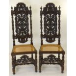 PAIR OF 17TH CENTURY-STYLE CARVED & STAINED WALNUT HIGH BACK DINING CHAIRS, elaborate pierced