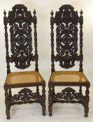 PAIR OF 17TH CENTURY-STYLE CARVED & STAINED WALNUT HIGH BACK DINING CHAIRS, elaborate pierced