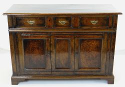 ANTIQUE OAK SIDE CABINET fitted three frieze drawers and cupboards, altered from a coffer, 122 x