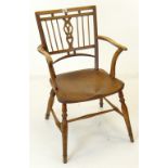 VICTORIAN ELM & FRUITWOOD MENDLESHAM ARMCHAIR with ball mounted stick back with pierced splat,