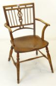 VICTORIAN ELM & FRUITWOOD MENDLESHAM ARMCHAIR with ball mounted stick back with pierced splat,