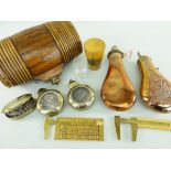 GROUP OF GENTLEMEN'S ACCESSORIES including two copper shot flasks, oak and wicker costrel, brass