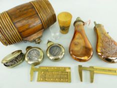 GROUP OF GENTLEMEN'S ACCESSORIES including two copper shot flasks, oak and wicker costrel, brass