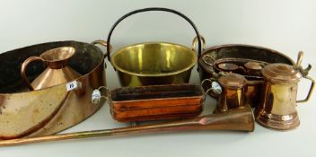 COLLECTION OF VINTAGE COPPER VESSELS, including two long handled sauce pans, brass swing-handled