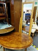 MODERN OAK CHEVAL MIRROR AND COFFEE TABLE, mirror with bevelled glass, oval oak table crossbanded,