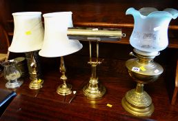 ASSORTED LIGHTING including pair of brass candlestick table lamps, an oil lamp with frosted