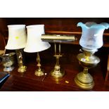 ASSORTED LIGHTING including pair of brass candlestick table lamps, an oil lamp with frosted