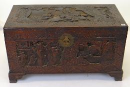 VINTAGE CHINESE CARVED CAMPHOR WOOD CHEST, 98cms wide